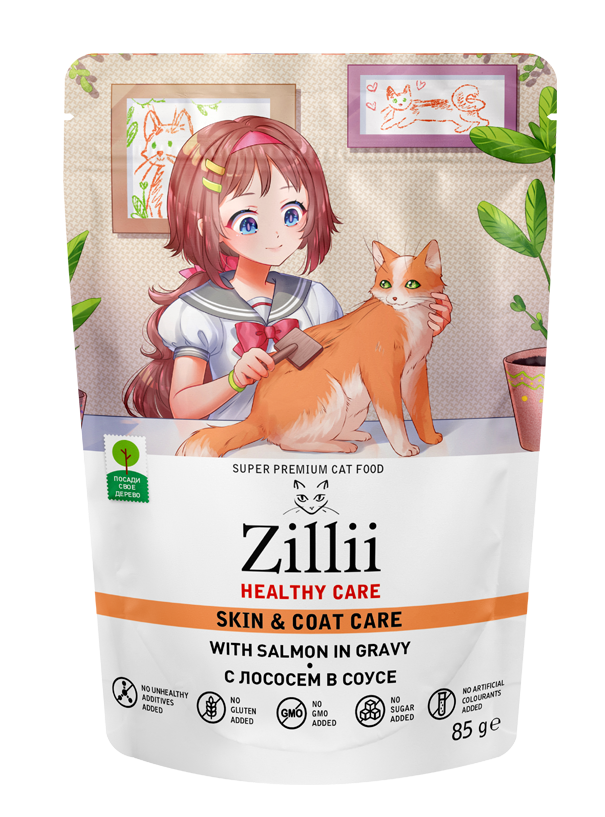 Zillii Adult Cat Skin&Coat Care with Salmon - влажный корм для взрослых кошек,поддержка здоровья кожи и шерсти,лосось в соусе.